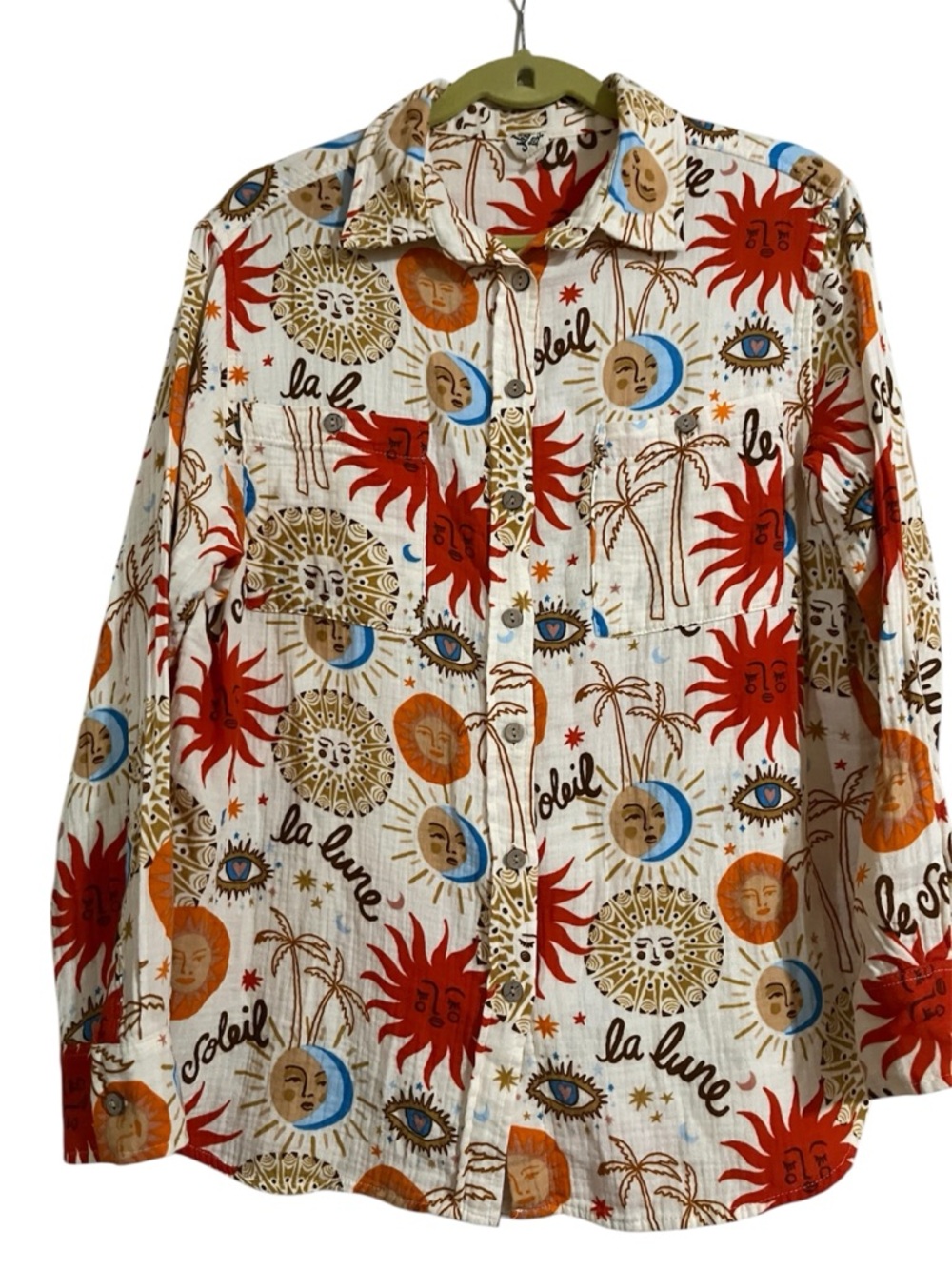 Ivy Jane Colorful Sun & Moon Print Button-Up Shirt Cotton Summer Gauzy Boho - Picture 11 of 13